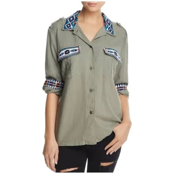 Rails Tops - 2. RAILS Kona Button-Front Linen Blend Embroidered Olive Green Shirt Sz S